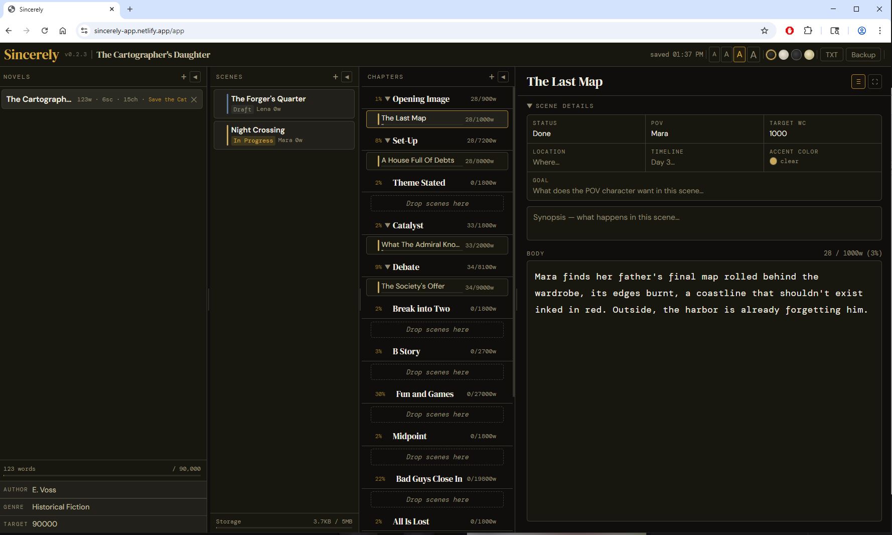 Sincerely app — four panel writing interface